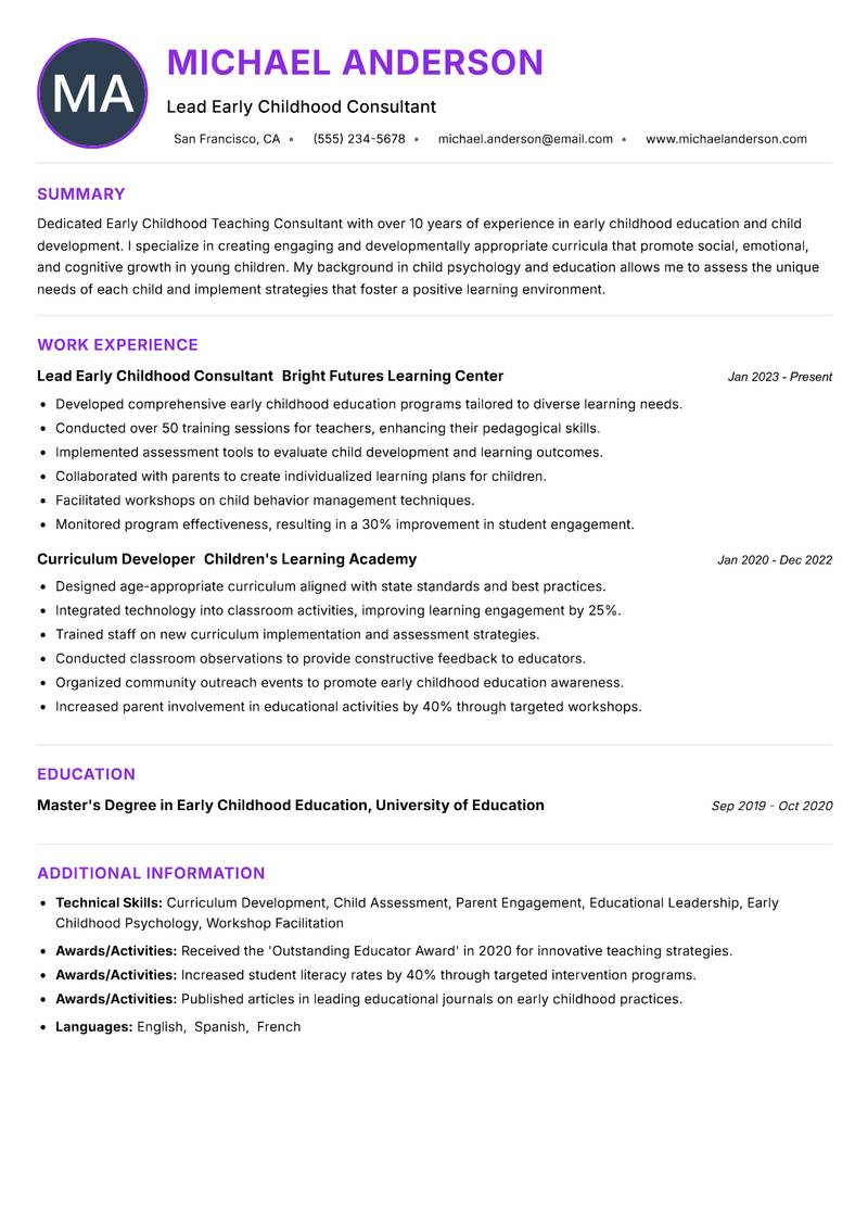 Early Childhood Teaching Consultant Resume Preview Example