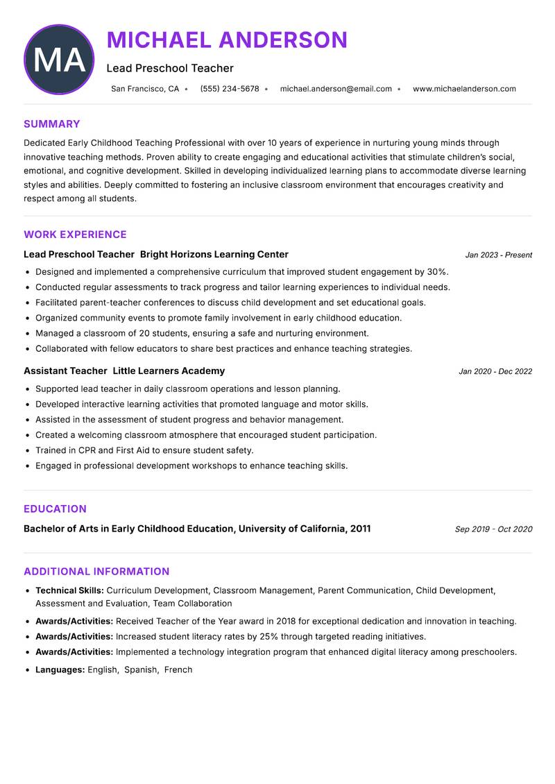 Early Childhood Teaching Professional Resume Preview Example