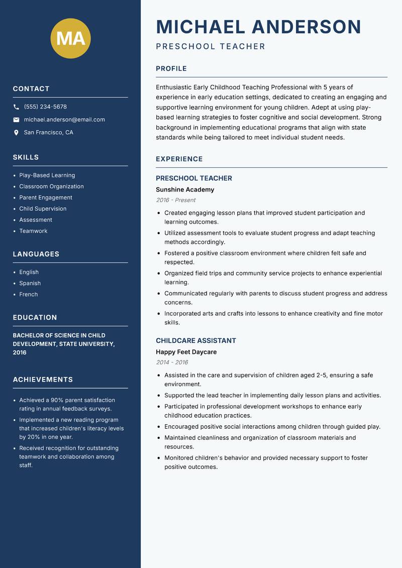 Early Childhood Teaching Professional Resume Preview Example