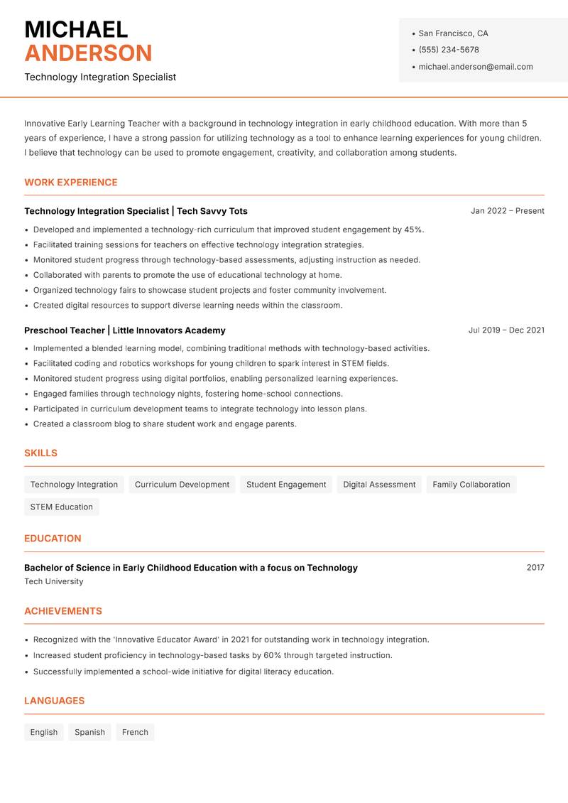 Early Learning Teacher Resume Template