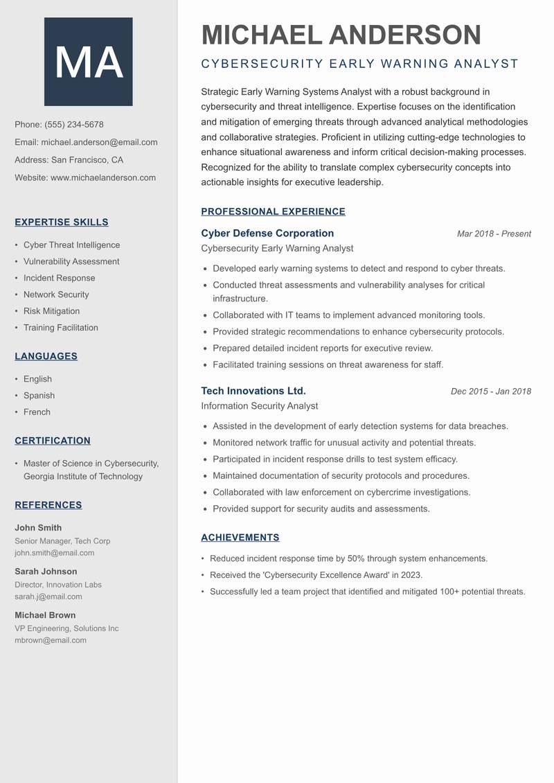 Early Warning Systems Analyst Resume Preview Example