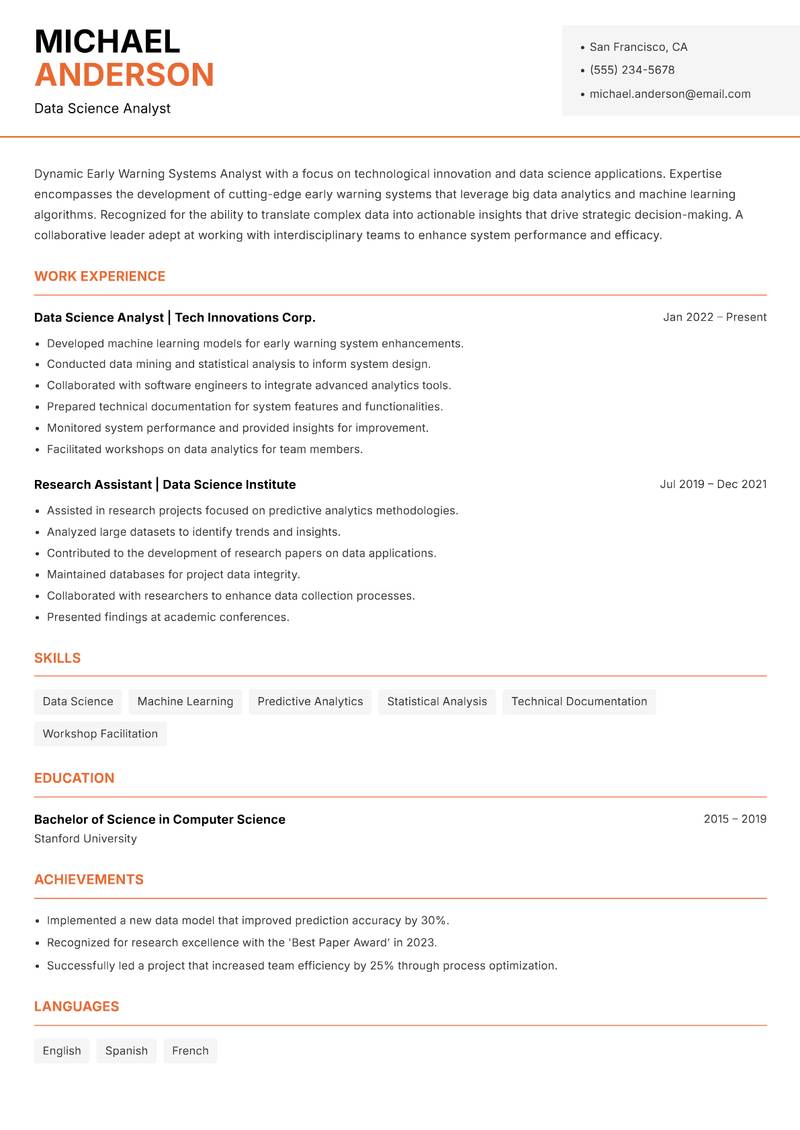 Early Warning Systems Analyst Resume Template
