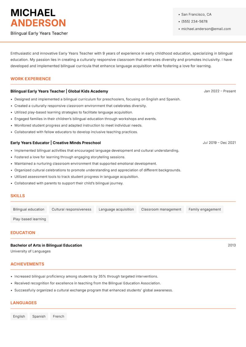 Early Years Teacher Resume Template