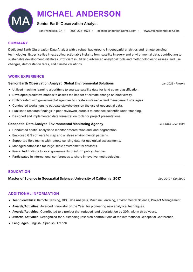 Earth Observation Data Analyst Resume Preview Example