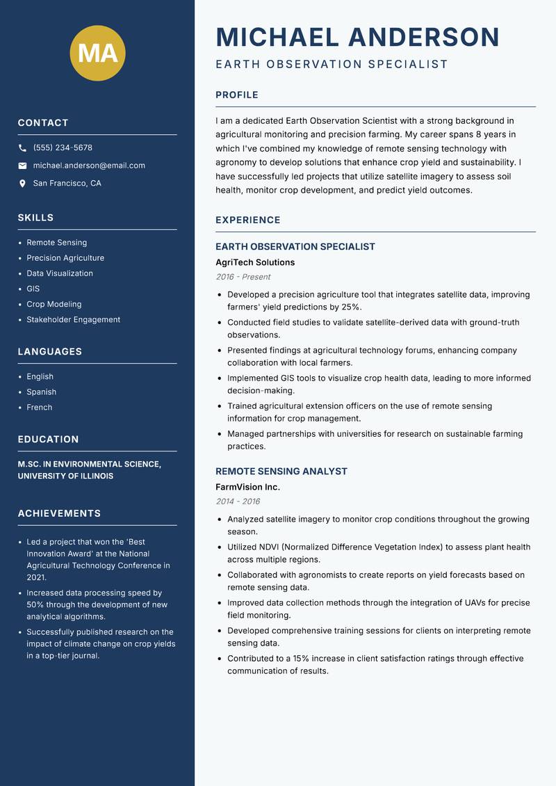 Earth Observation Scientist Resume Preview Example