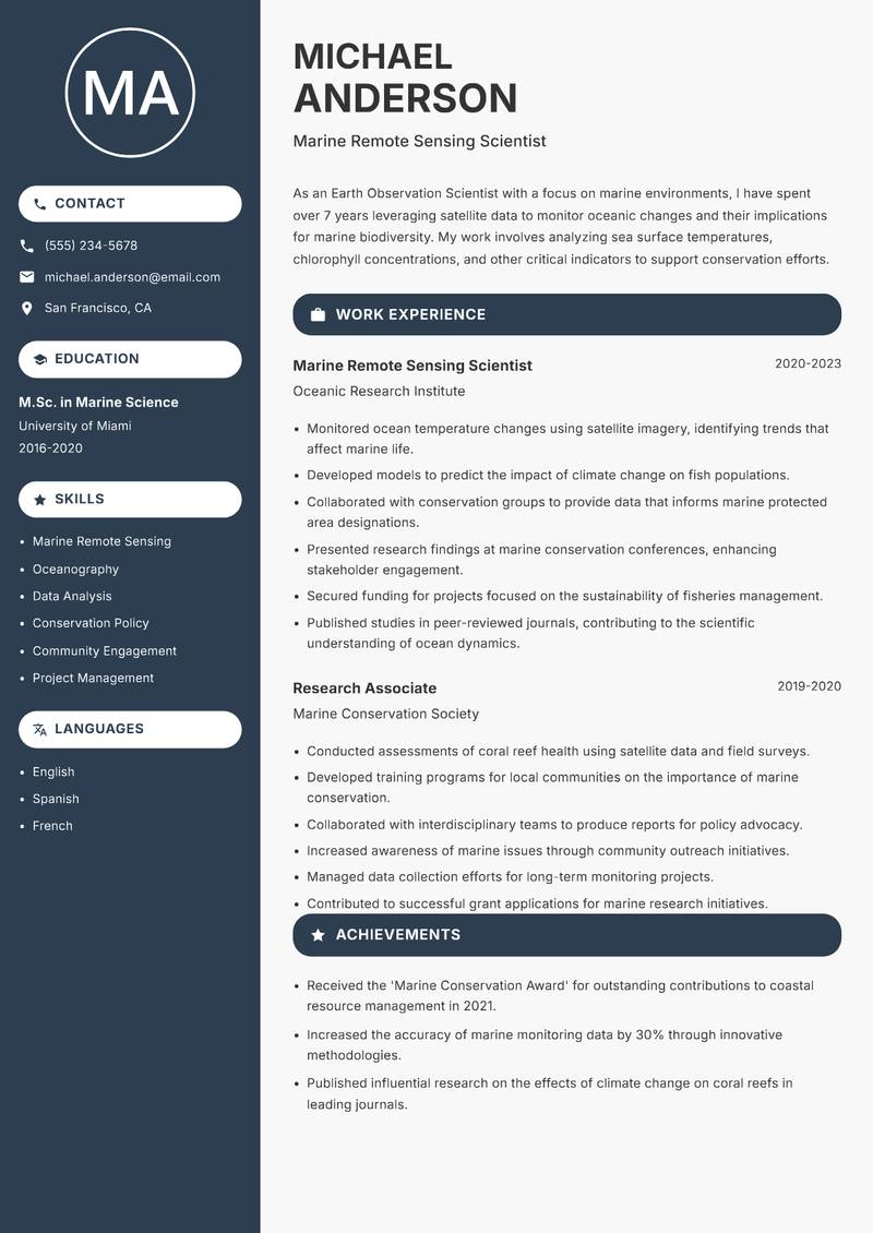 Earth Observation Scientist Resume Preview Example