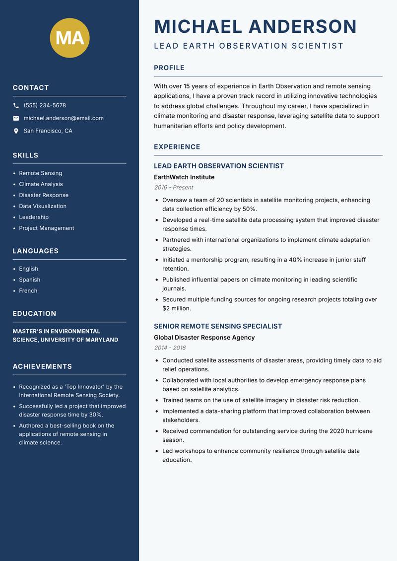 Earth Observation Space Scientist Resume Preview Example
