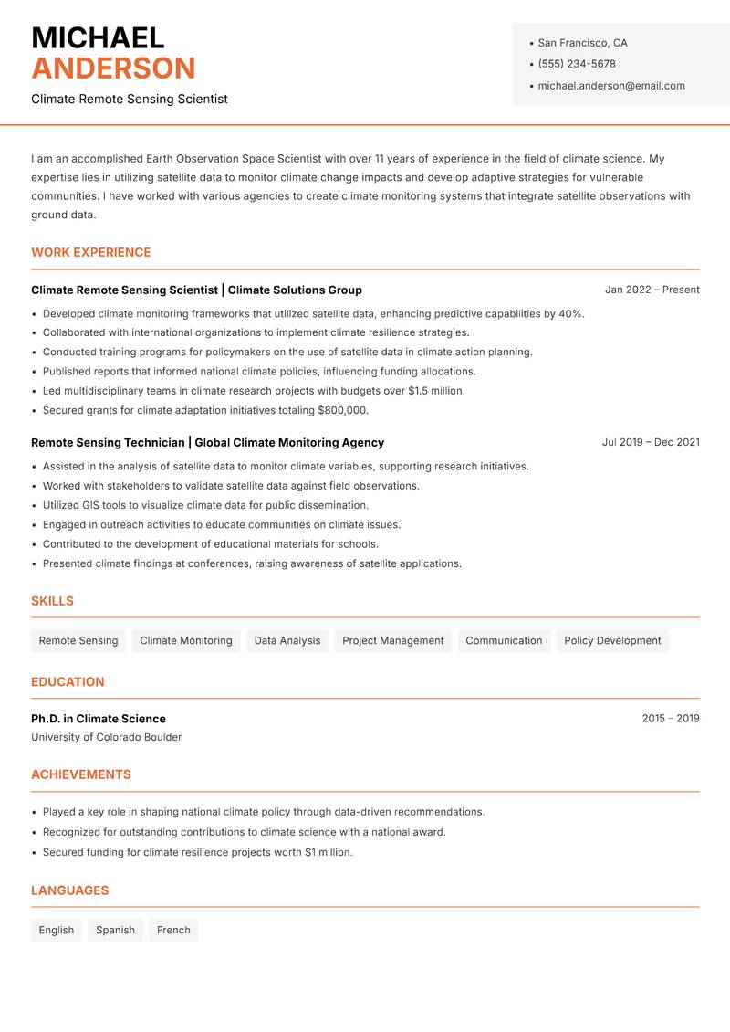 Earth Observation Space Scientist Resume Template
