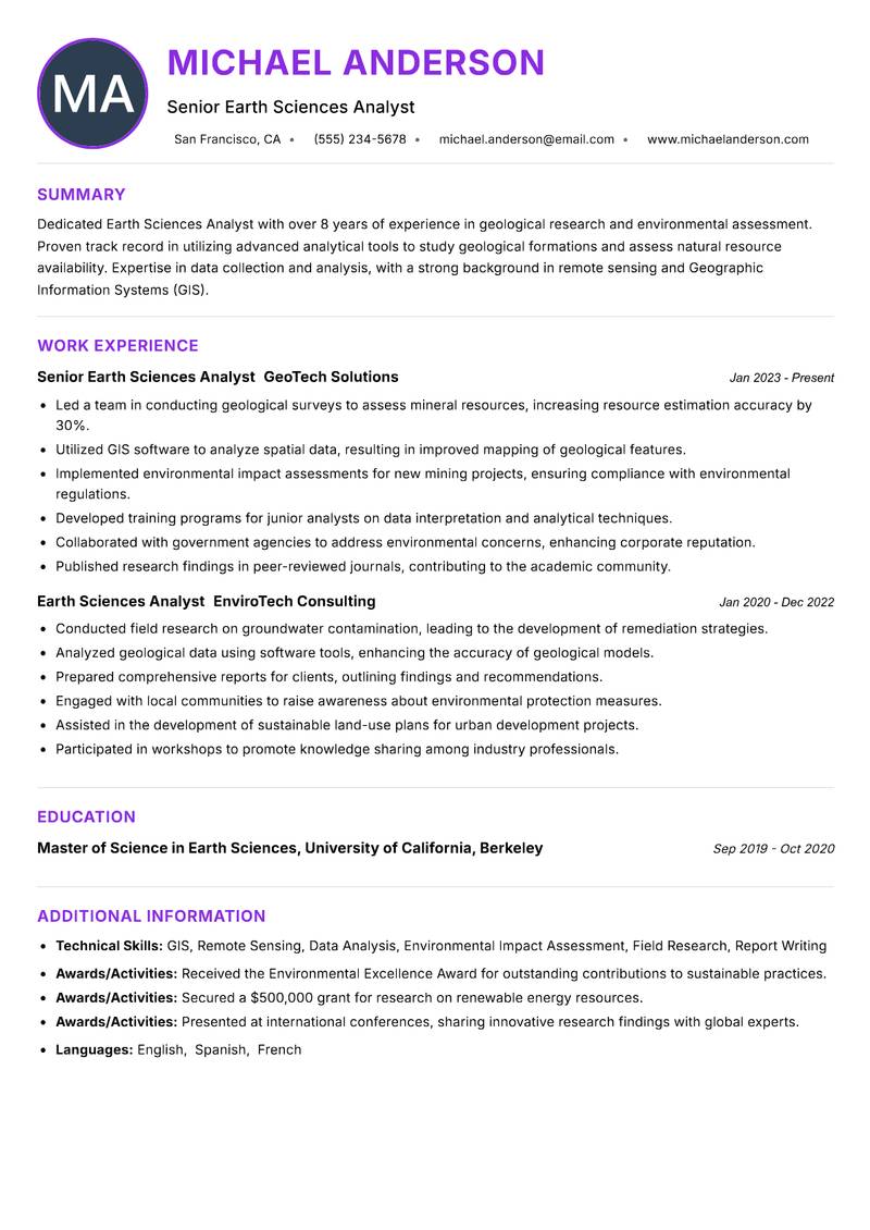 Earth Sciences Analyst Resume Preview Example