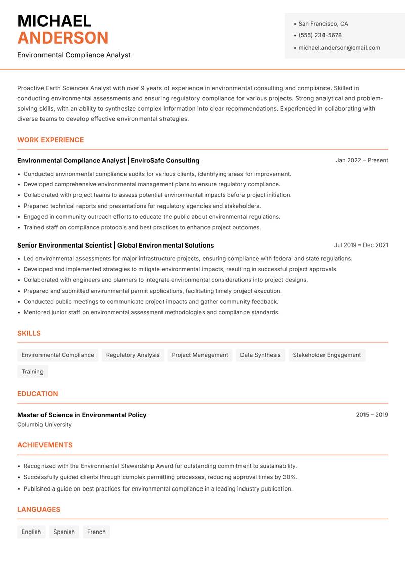 Earth Sciences Analyst Resume Template