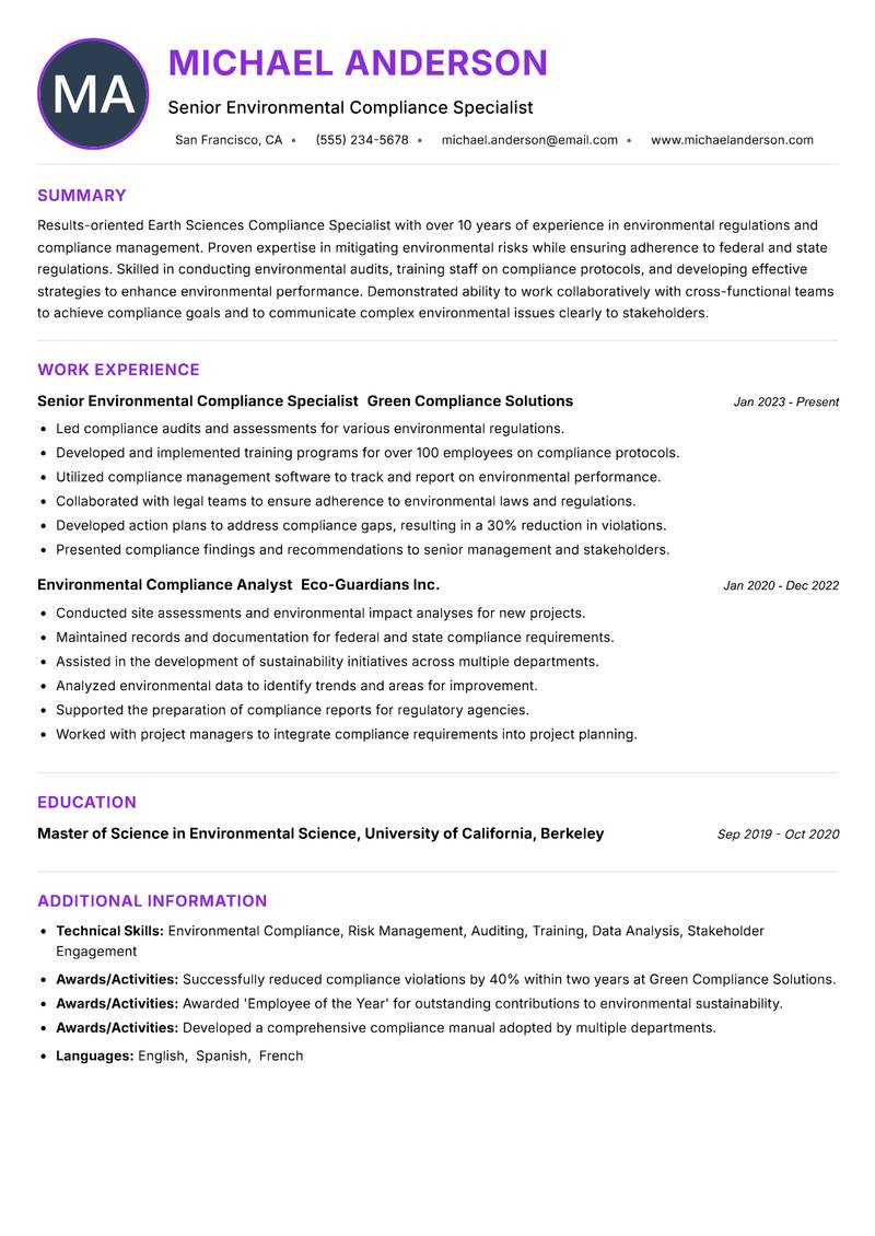 Earth Sciences Compliance Specialist Resume Preview Example