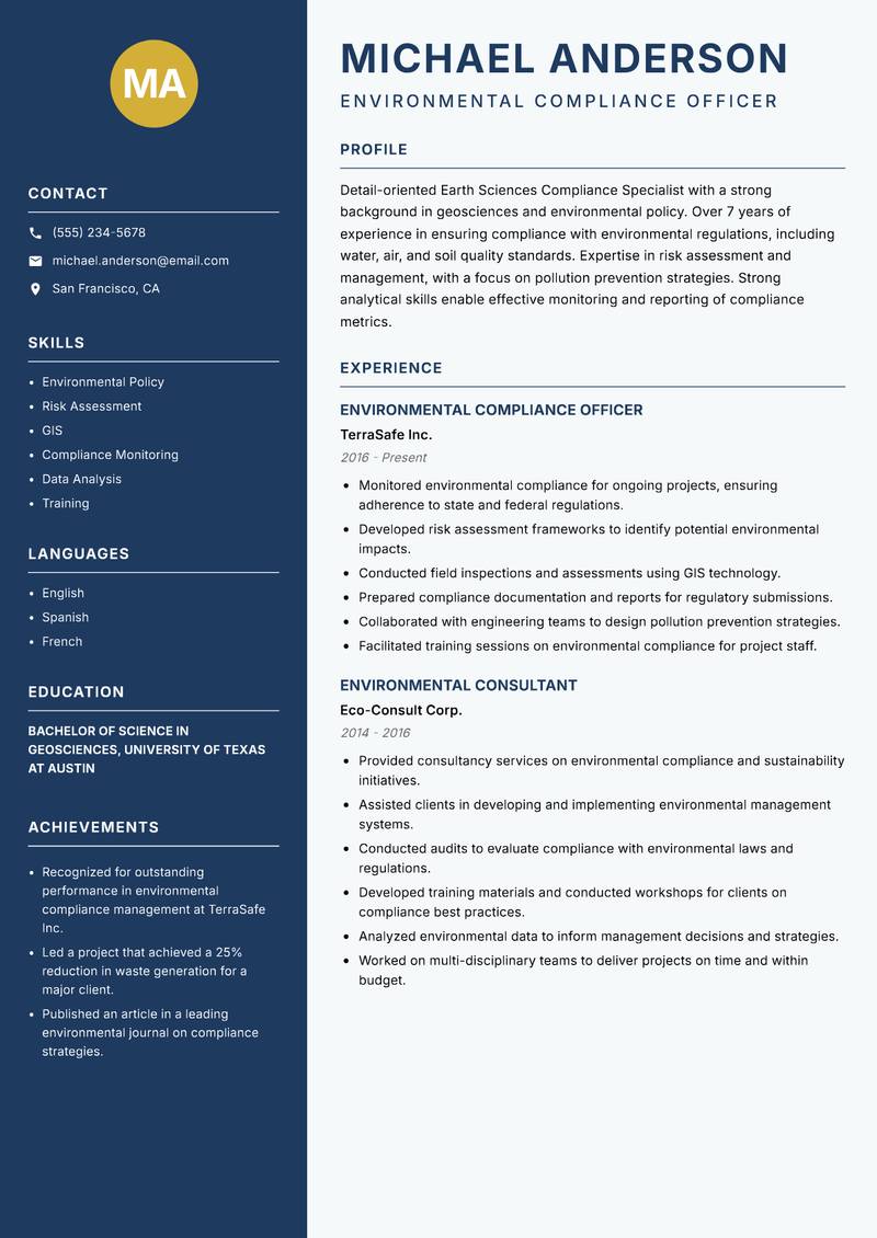 Earth Sciences Compliance Specialist Resume Preview Example