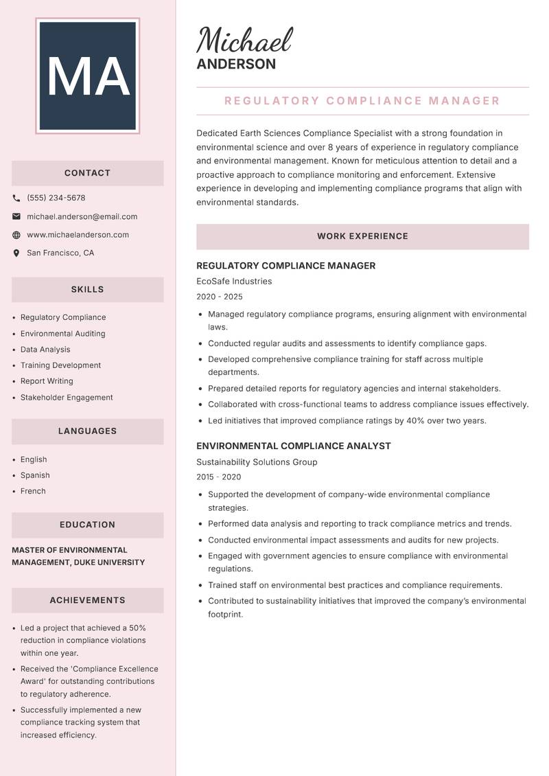 Earth Sciences Compliance Specialist Resume Preview Example
