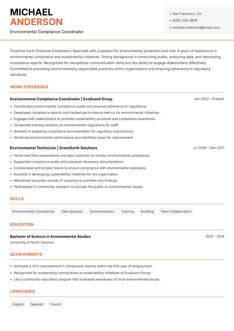 Earth Sciences Compliance Specialist Resume Template