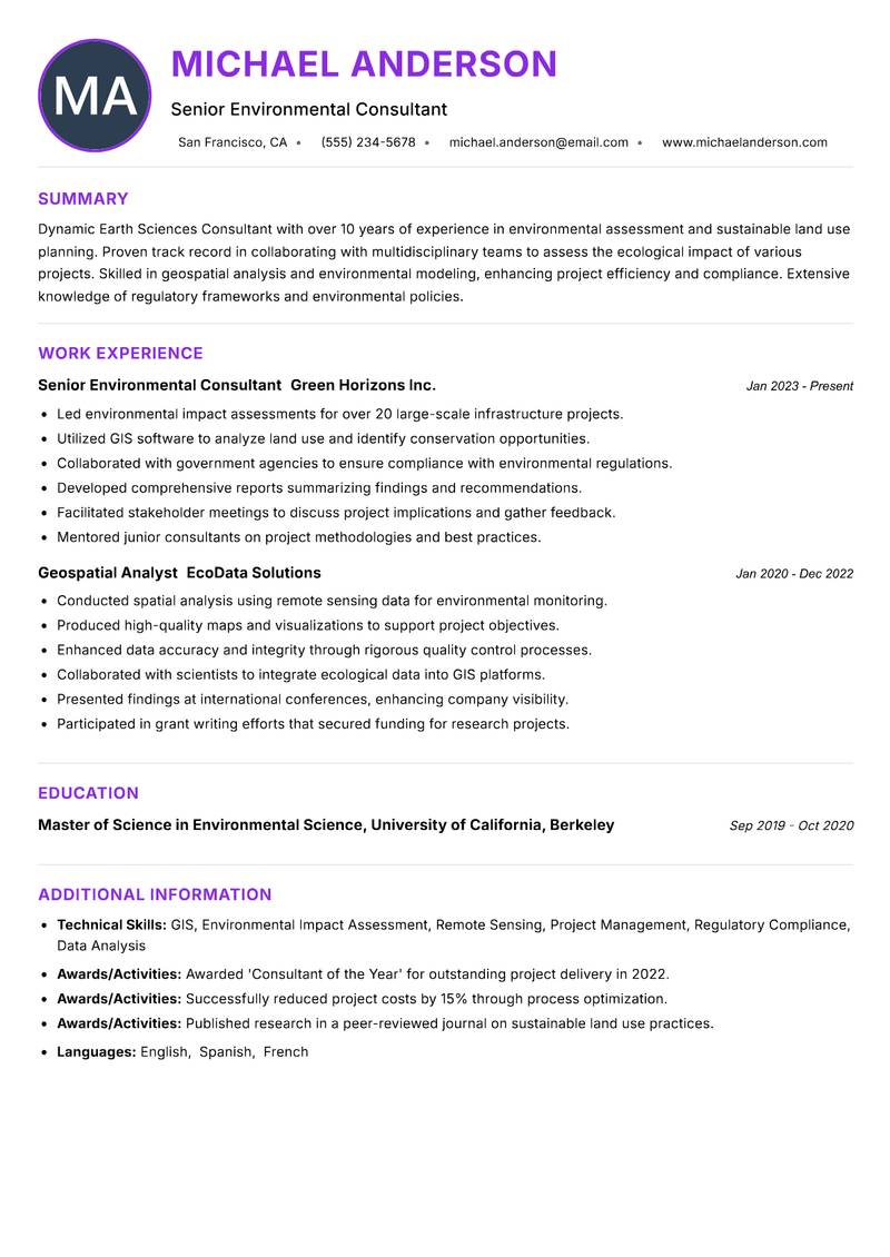 Earth Sciences Consultant Resume Preview Example