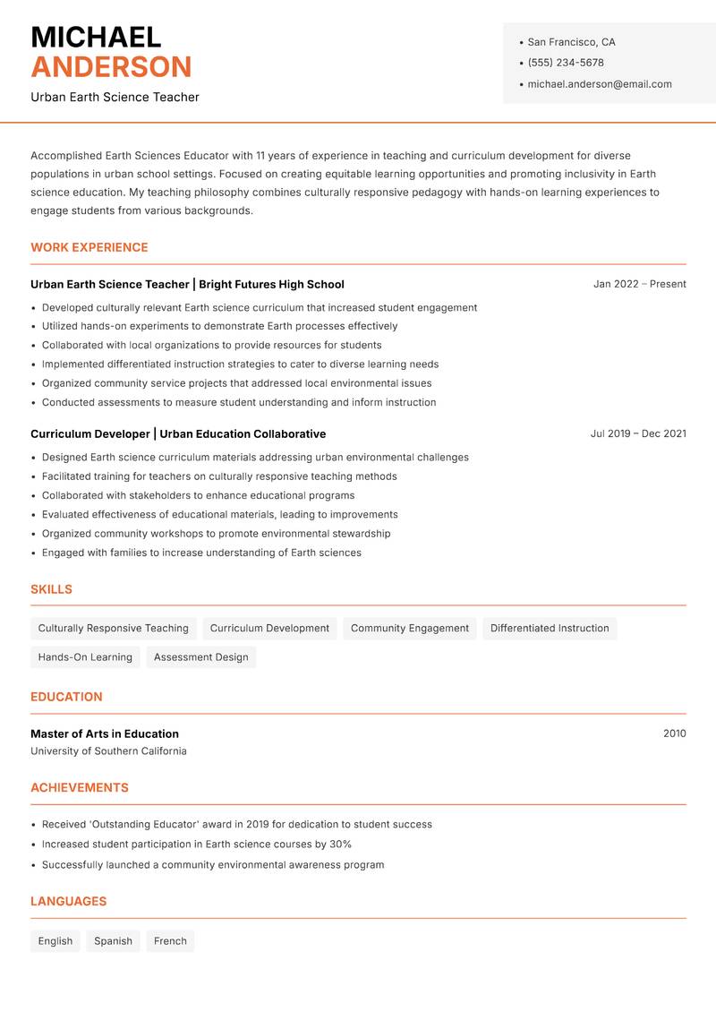 Earth Sciences Educator Resume Template