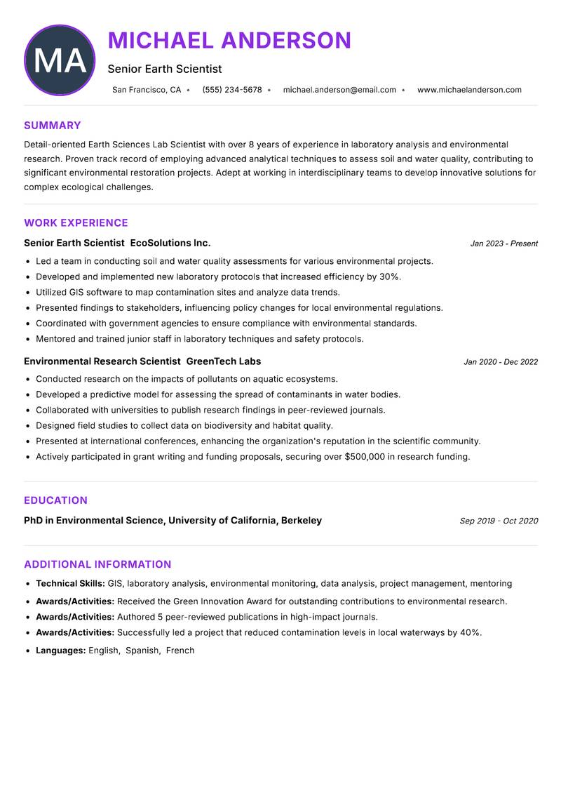 Earth Sciences Lab Scientist Resume Preview Example