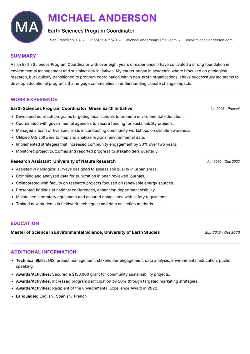 Earth Sciences Program Coordinator Resume Preview Example