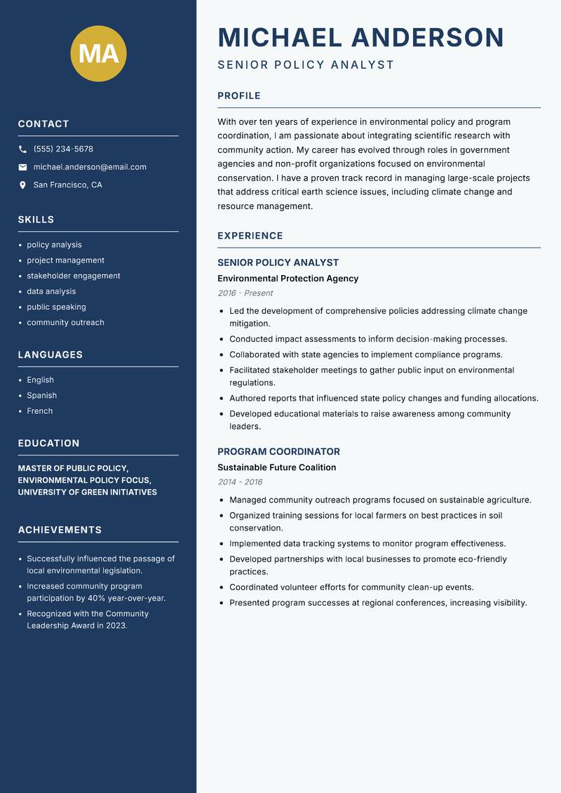 Earth Sciences Program Coordinator Resume Preview Example