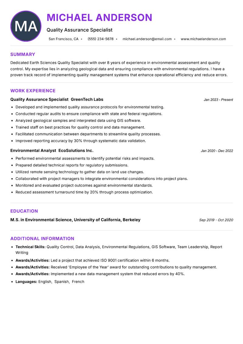 Earth Sciences Quality Specialist Resume Preview Example