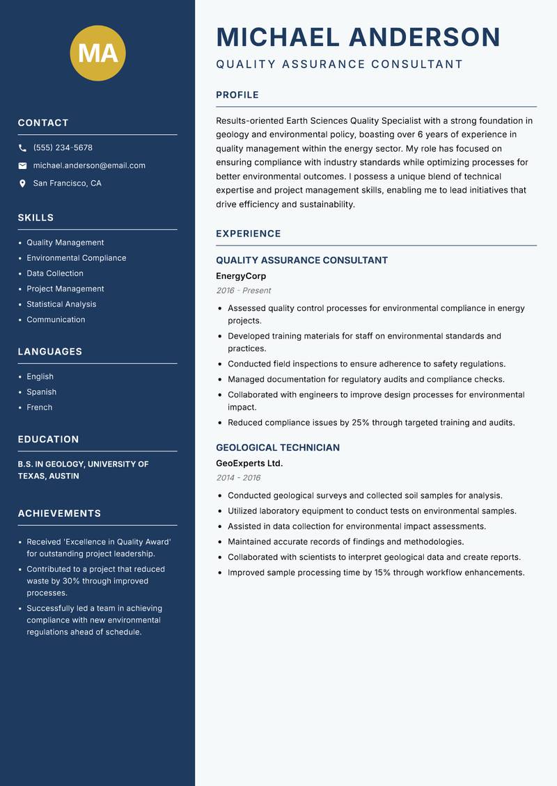 Earth Sciences Quality Specialist Resume Preview Example