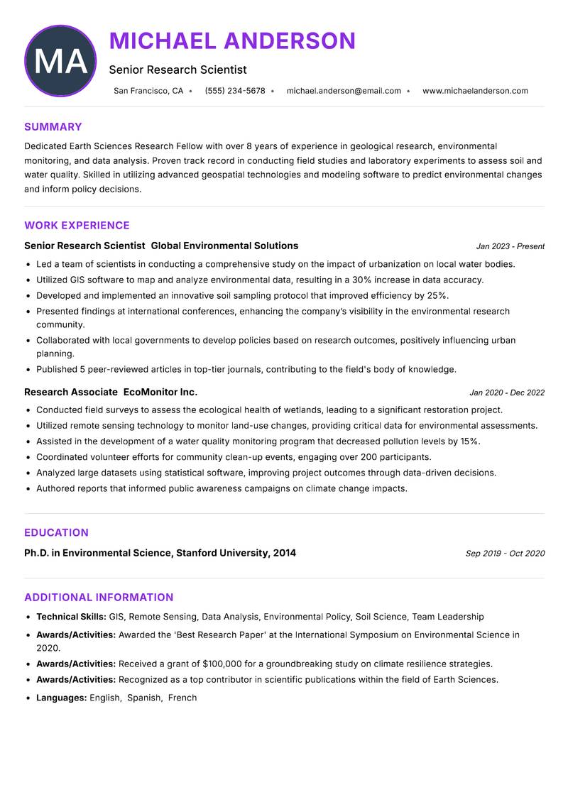 Earth Sciences Research Fellow Resume Preview Example