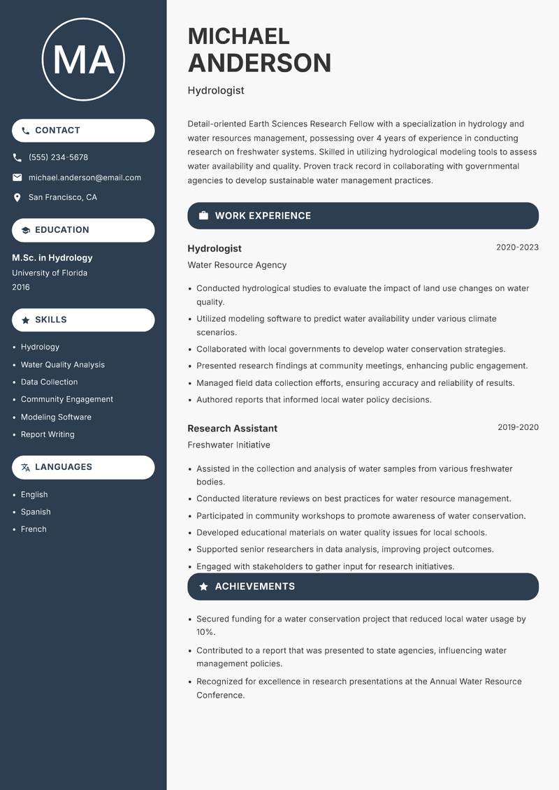 Earth Sciences Research Fellow Resume Preview Example
