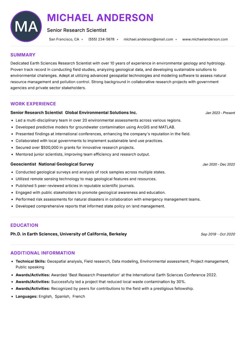 Earth Sciences Research Scientist Resume Preview Example