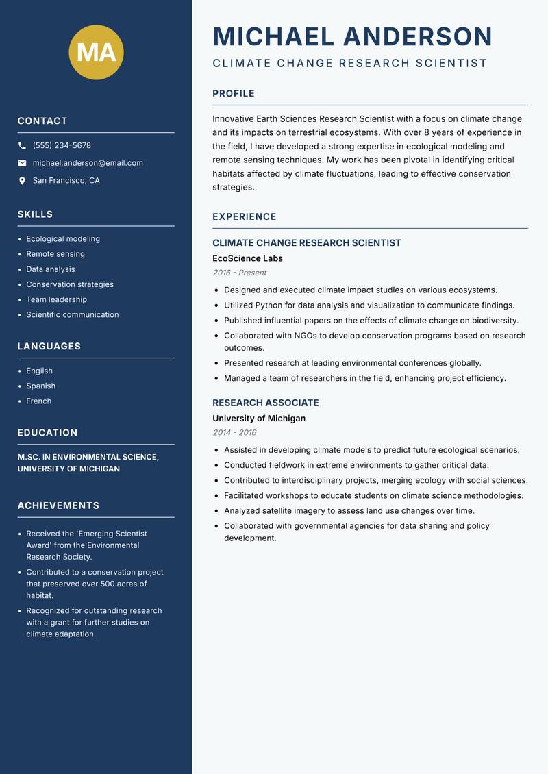 Earth Sciences Research Scientist Resume Preview Example