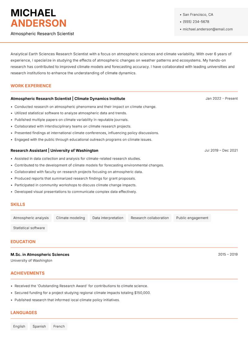 Earth Sciences Research Scientist Resume Template