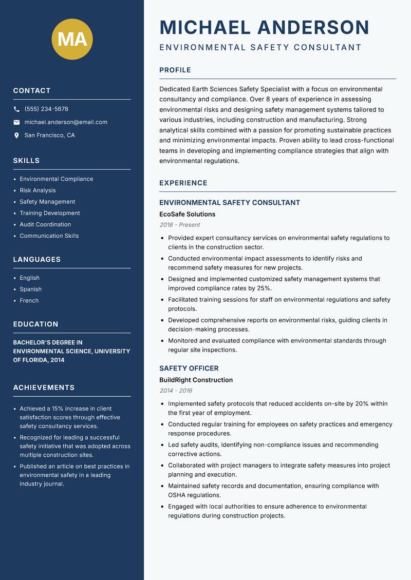 Earth Sciences Safety Specialist Resume Preview Example