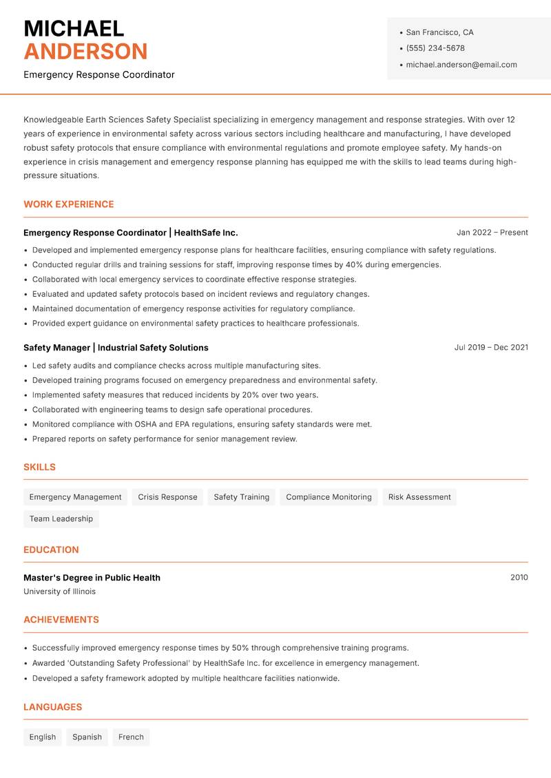 Earth Sciences Safety Specialist Resume Template