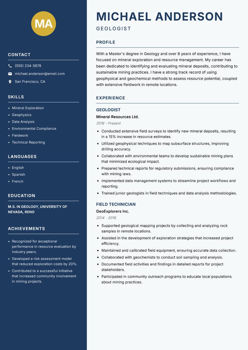 Earth Scientist Resume Preview Example