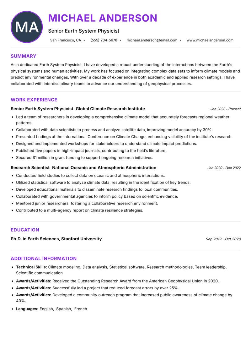 Earth System Physicist Resume Preview Example