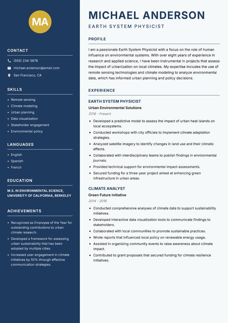 Earth System Physicist Resume Preview Example