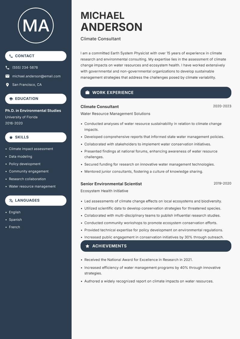 Earth System Physicist Resume Preview Example