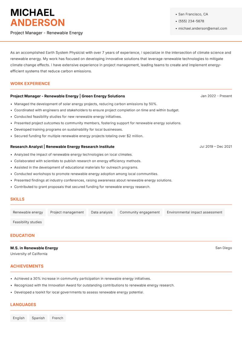 Earth System Physicist Resume Template