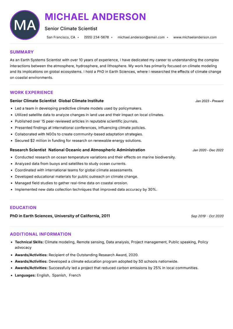 Earth Systems Scientist Resume Preview Example