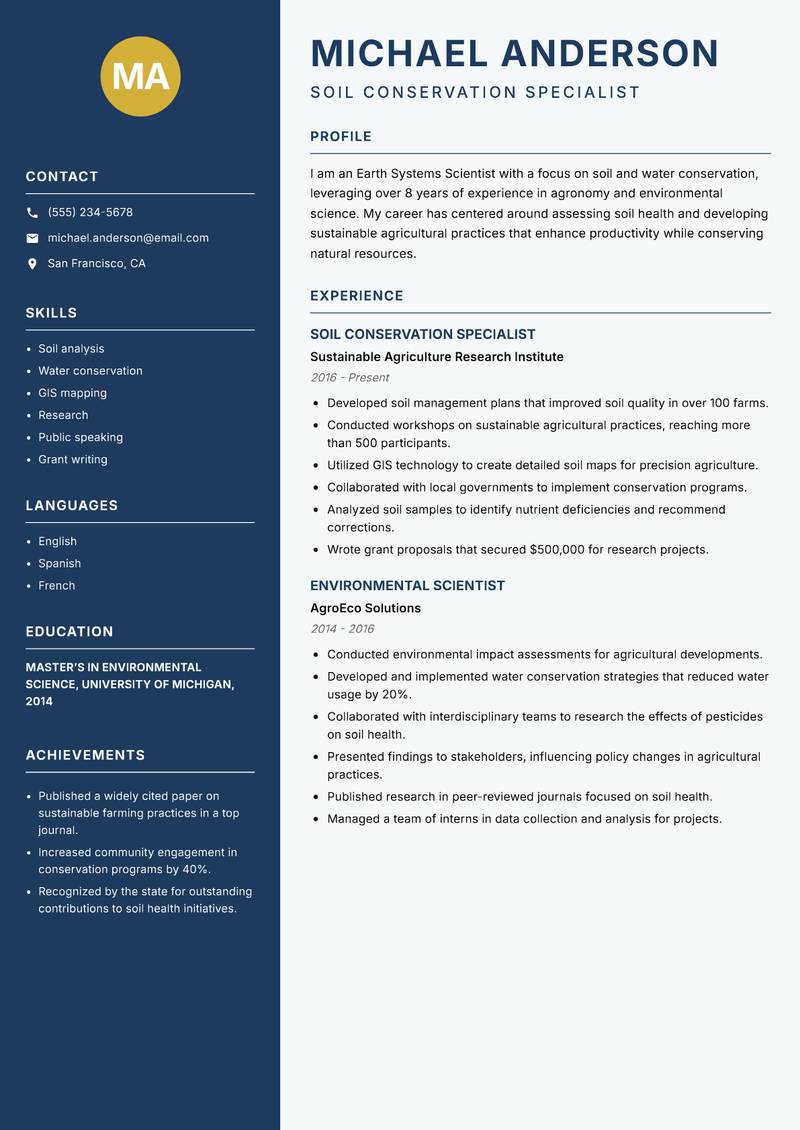 Earth Systems Scientist Resume Preview Example