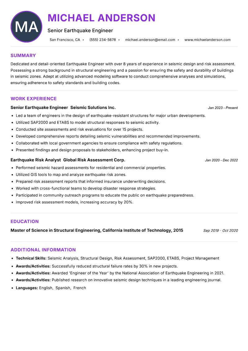 Earthquake Engineer Resume Preview Example