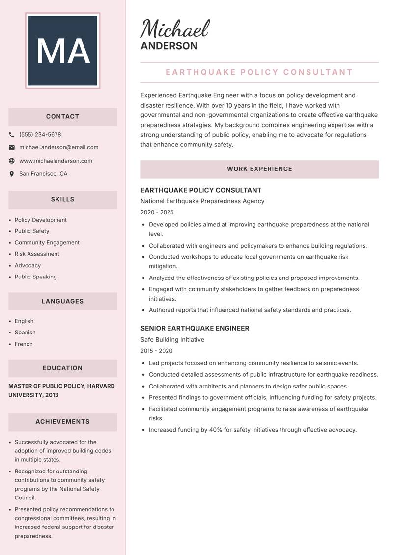 Earthquake Engineer Resume Preview Example