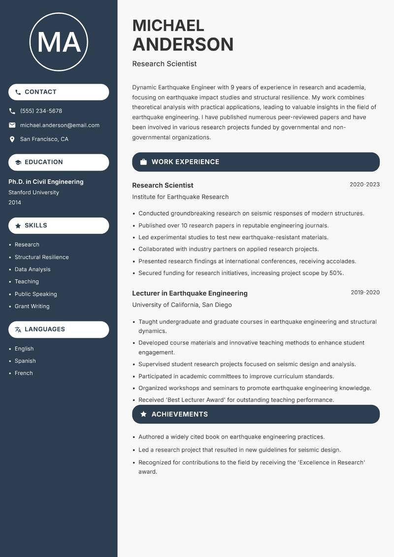 Earthquake Engineer Resume Preview Example