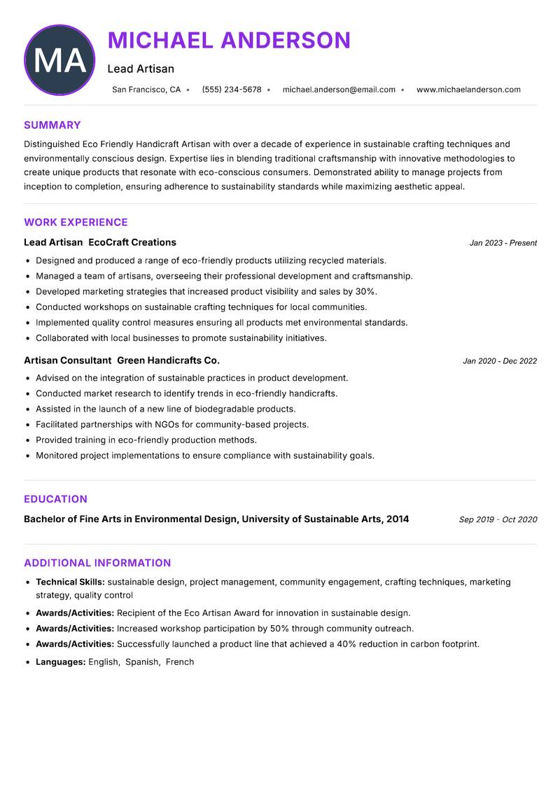 Eco Friendly Handicraft Artisan Resume Preview Example