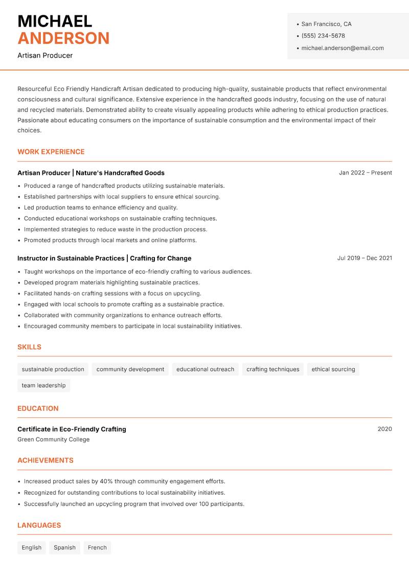 Eco Friendly Handicraft Artisan Resume Template