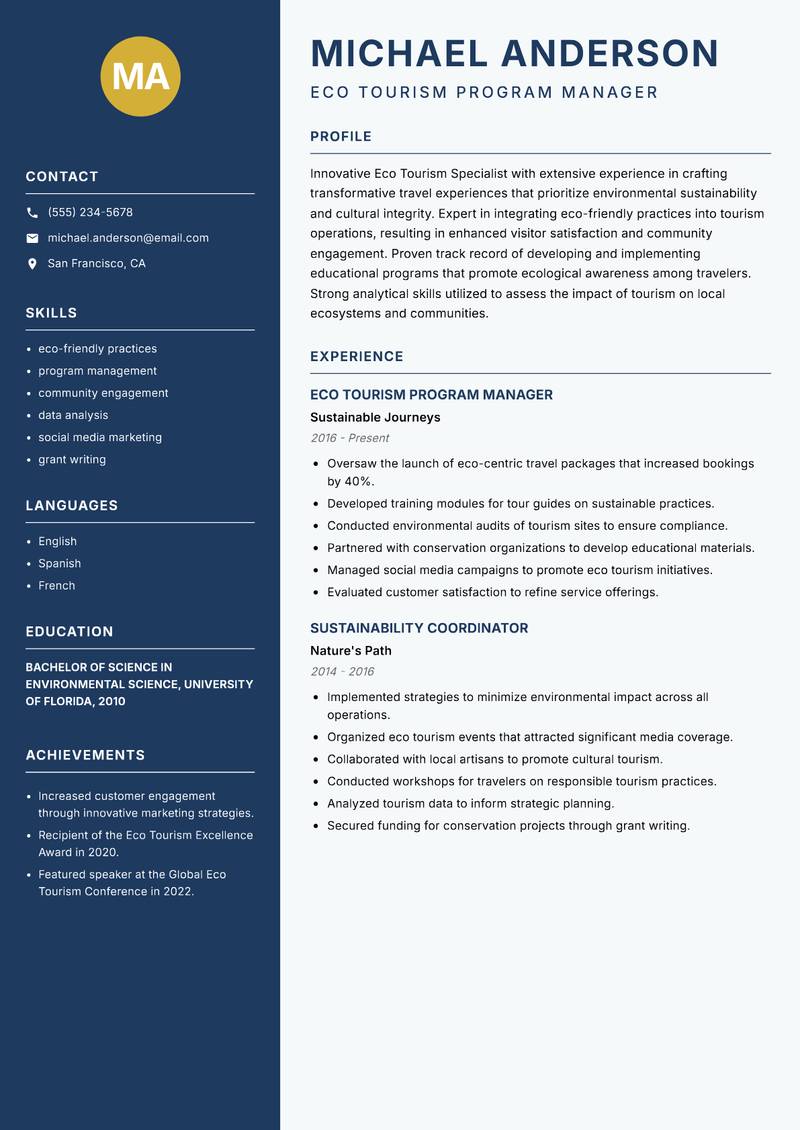 Eco Tourism Specialist Resume Preview Example