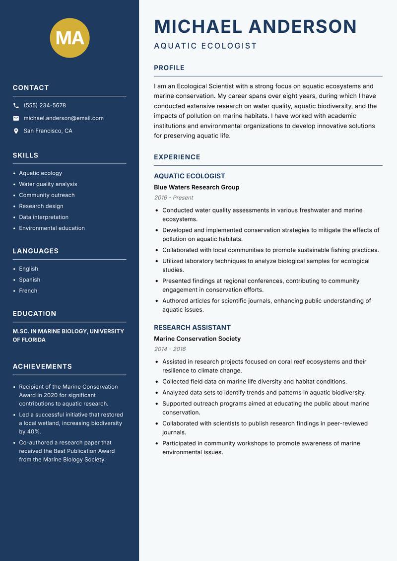 Ecological Scientist Resume Preview Example