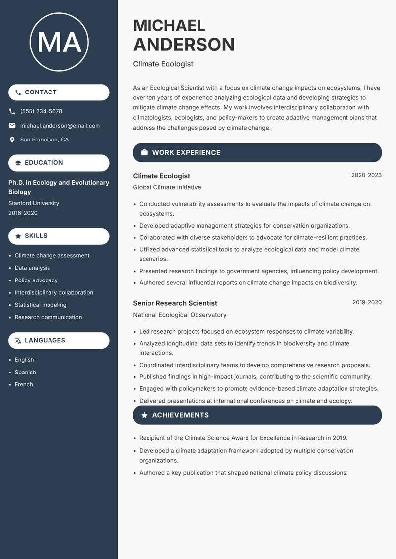 Ecological Scientist Resume Preview Example