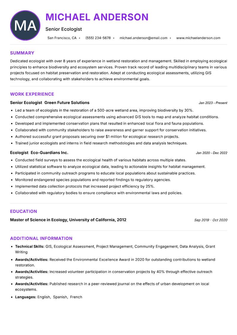 Ecologist Resume Preview Example