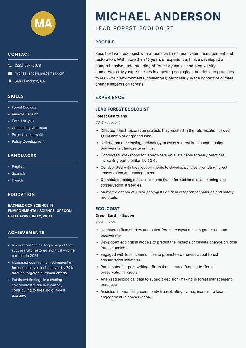 Ecologist Resume Preview Example