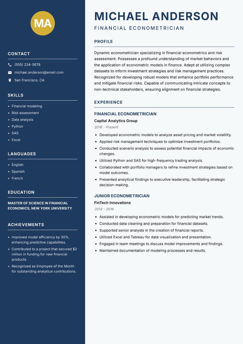 Econometrician Resume Preview Example